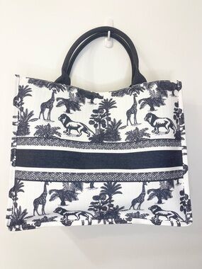 Monochrome Safari Print Tote Bag with Blue Handles